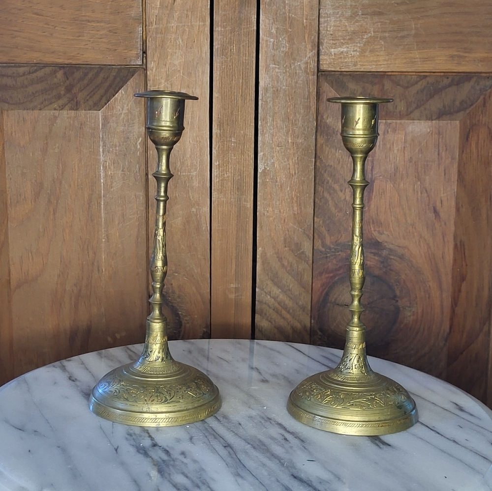 Engraved Brass Candlesticks